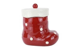 Dose Stiefel klein, rot/weiß, Keramik, 14,5x11,1x15,3cm